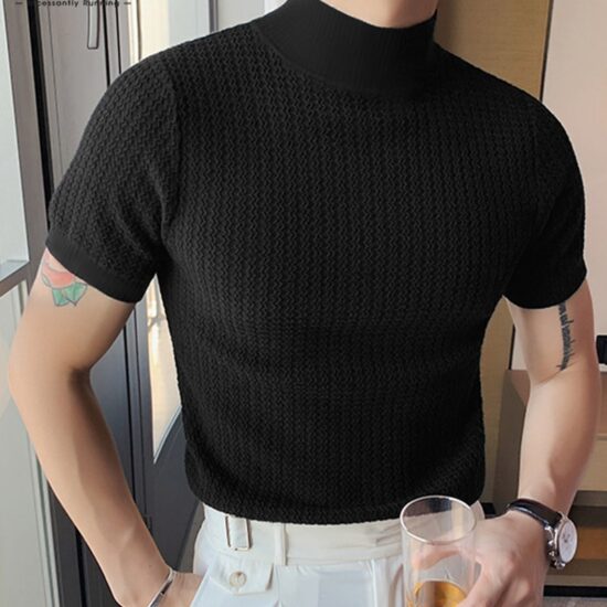 T-shirt Casual High-neck Summer Tight Knitted Solid Color Short-sleeve Bottoming S-3XL Luxury Clothing - Image 2