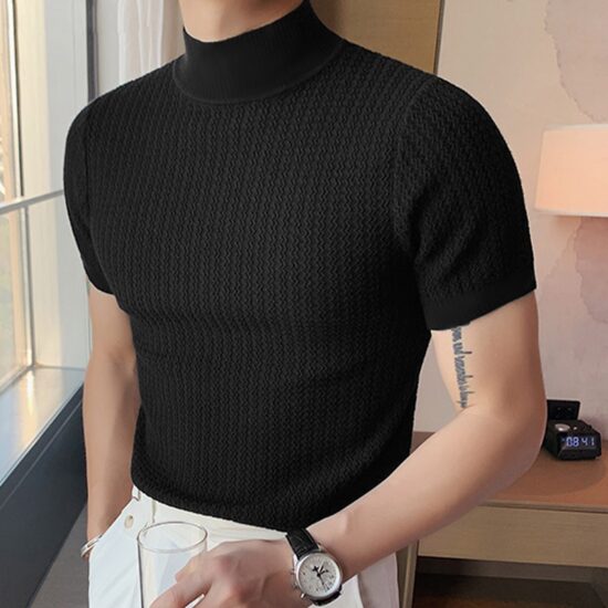 T-shirt Casual High-neck Summer Tight Knitted Solid Color Short-sleeve Bottoming S-3XL Luxury Clothing - Image 5
