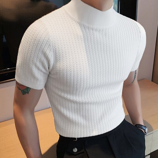 T-shirt Casual High-neck Summer Tight Knitted Solid Color Short-sleeve Bottoming S-3XL Luxury Clothing