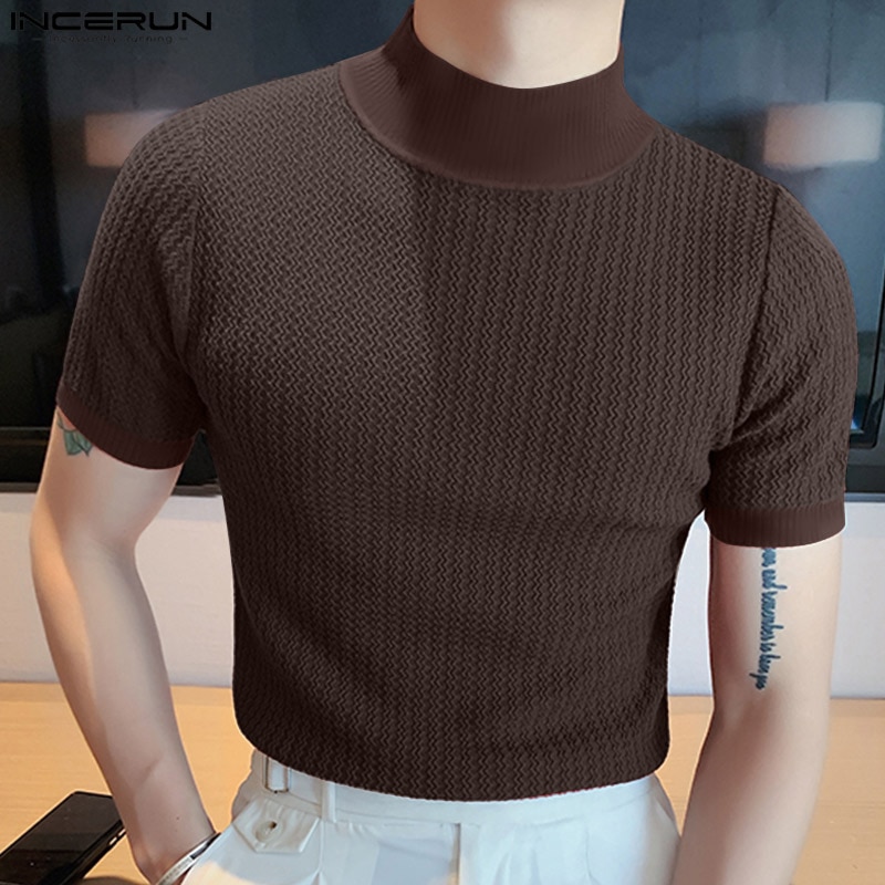T-shirt Casual High-neck Summer Tight Knitted Solid Color Short-sleeve Bottoming S-3XL Luxury Clothing