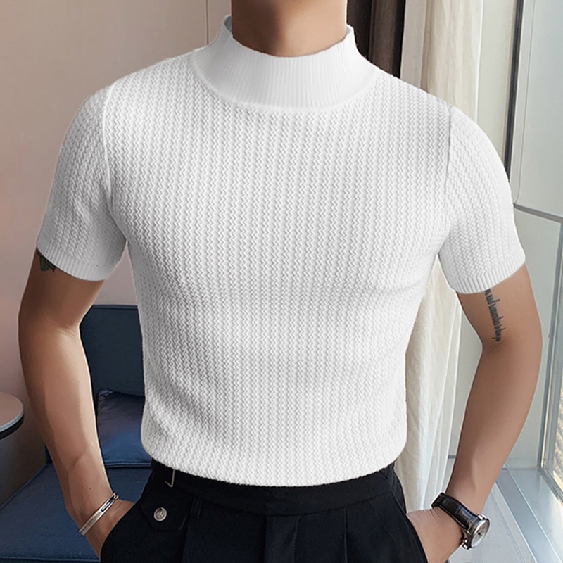 T-shirt Casual High-neck Summer Tight Knitted Solid Color Short-sleeve Bottoming S-3XL Luxury Clothing