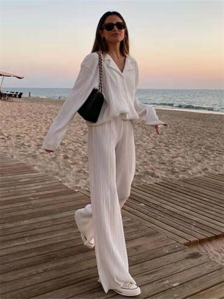 Women Pleated 2-Piece Pants Sets Summer Streetwear Long Sleeve Button Down Shirt+Straight-Leg Pants Loose Outfits