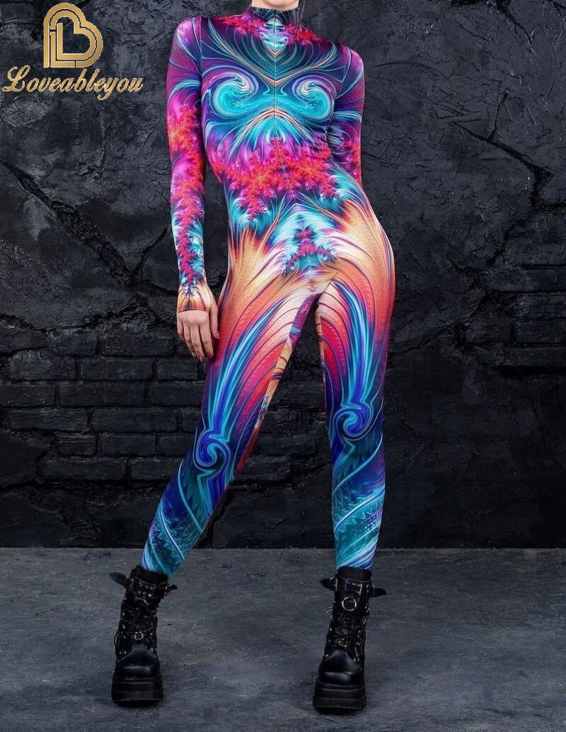 Bodysuit Colorful Machine Thumb Sleeves Cosplay Costume Front Zipper Jumpsuit Carnival Festival Outfit for Woman