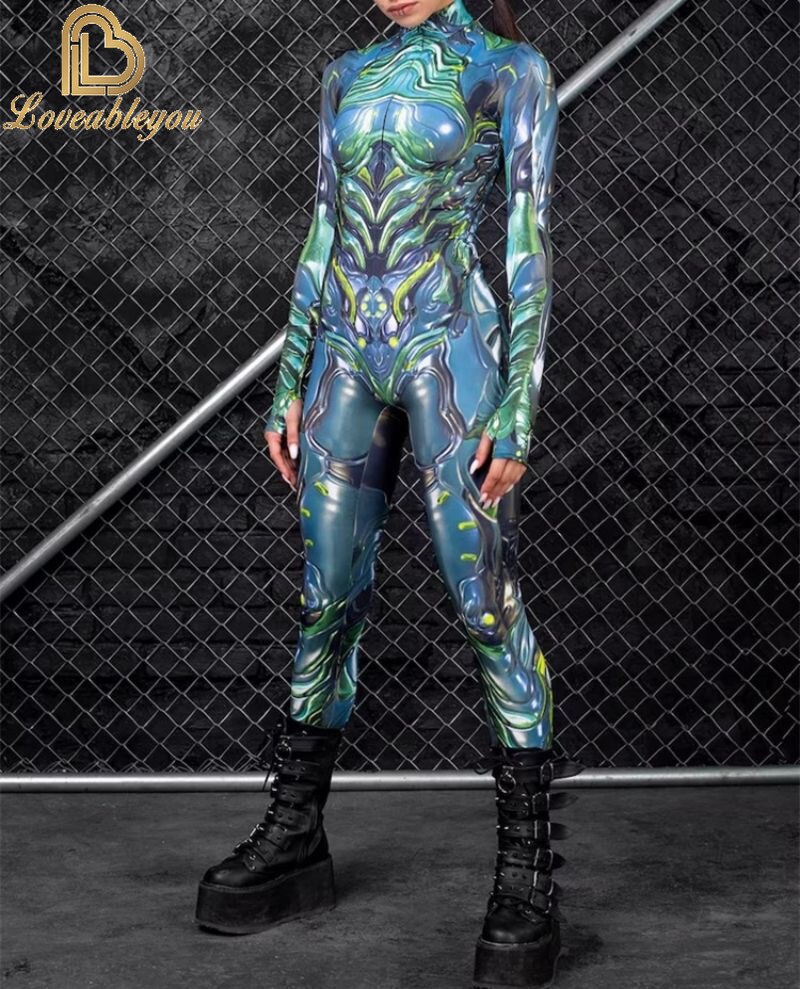 Bodysuit Colorful Machine Thumb Sleeves Cosplay Costume Front Zipper Jumpsuit Carnival Festival Outfit for Woman