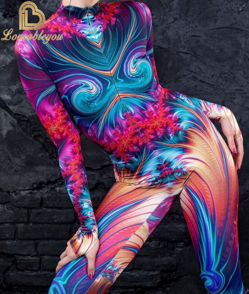 Bodysuit Colorful Machine Thumb Sleeves Cosplay Costume Front Zipper Jumpsuit Carnival Festival Outfit for Woman