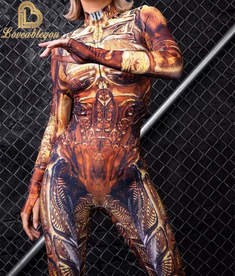 Bodysuit Colorful Machine Thumb Sleeves Cosplay Costume Front Zipper Jumpsuit Carnival Festival Outfit for Woman