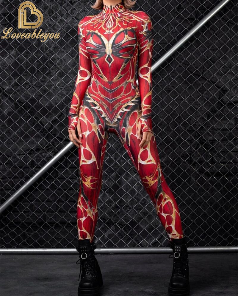 Bodysuit Colorful Machine Thumb Sleeves Cosplay Costume Front Zipper Jumpsuit Carnival Festival Outfit for Woman