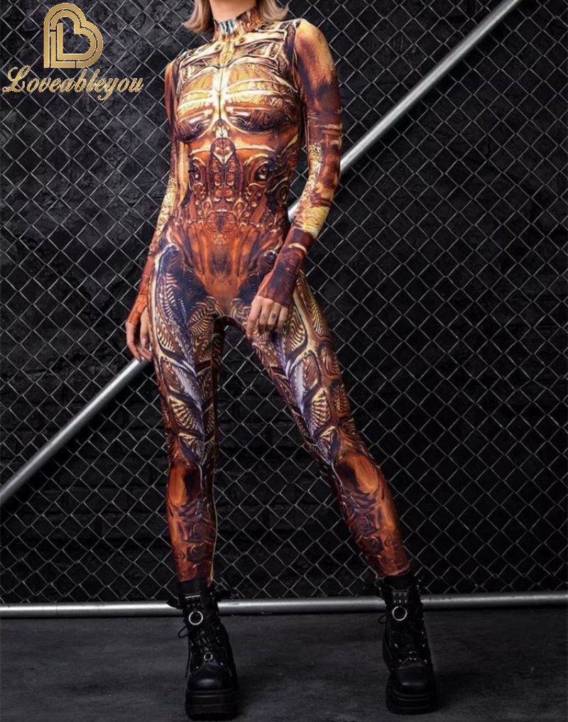 Bodysuit Colorful Machine Thumb Sleeves Cosplay Costume Front Zipper Jumpsuit Carnival Festival Outfit for Woman