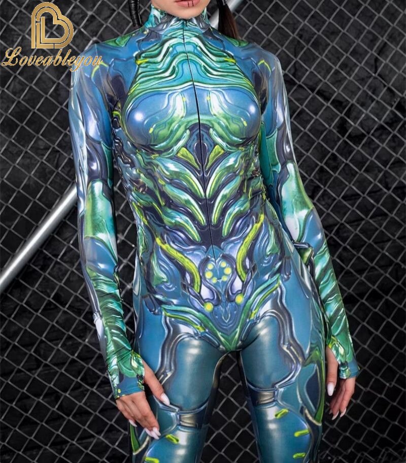 Bodysuit Colorful Machine Thumb Sleeves Cosplay Costume Front Zipper Jumpsuit Carnival Festival Outfit for Woman