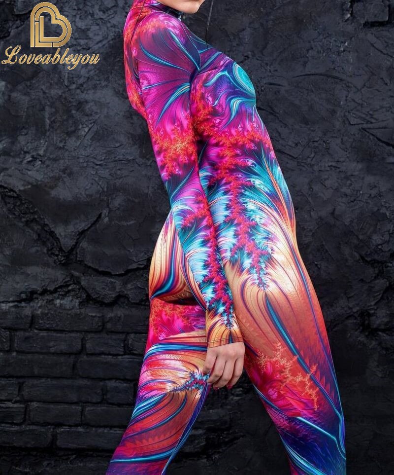 Bodysuit Colorful Machine Thumb Sleeves Cosplay Costume Front Zipper Jumpsuit Carnival Festival Outfit for Woman