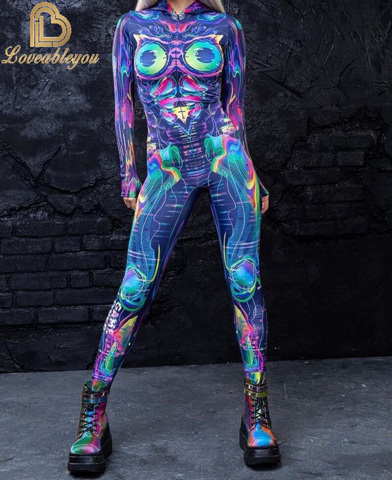 Bodysuit Colorful Machine Thumb Sleeves Cosplay Costume Front Zipper Jumpsuit Carnival Festival Outfit for Woman