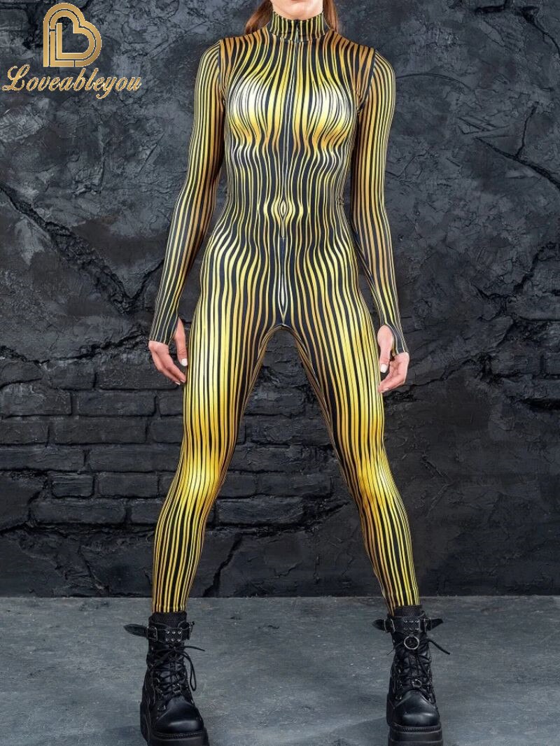 Bodysuit Colorful Machine Thumb Sleeves Cosplay Costume Front Zipper Jumpsuit Carnival Festival Outfit for Woman