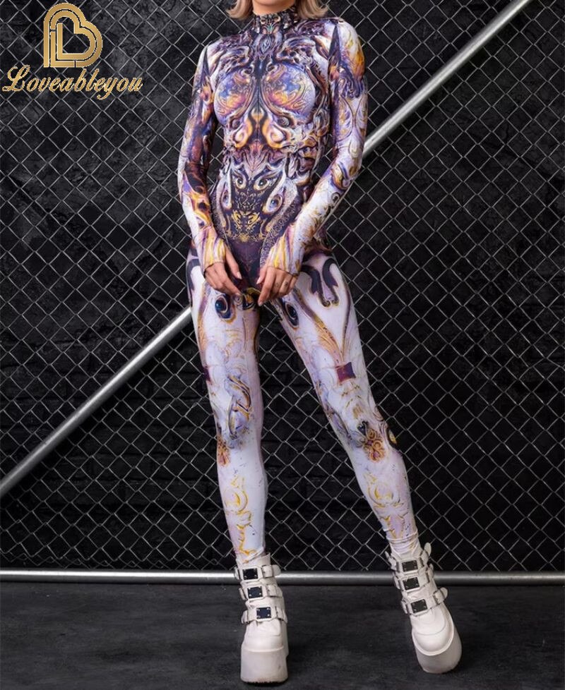 Bodysuit Colorful Machine Thumb Sleeves Cosplay Costume Front Zipper Jumpsuit Carnival Festival Outfit for Woman