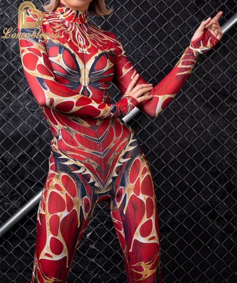 Bodysuit Colorful Machine Thumb Sleeves Cosplay Costume Front Zipper Jumpsuit Carnival Festival Outfit for Woman