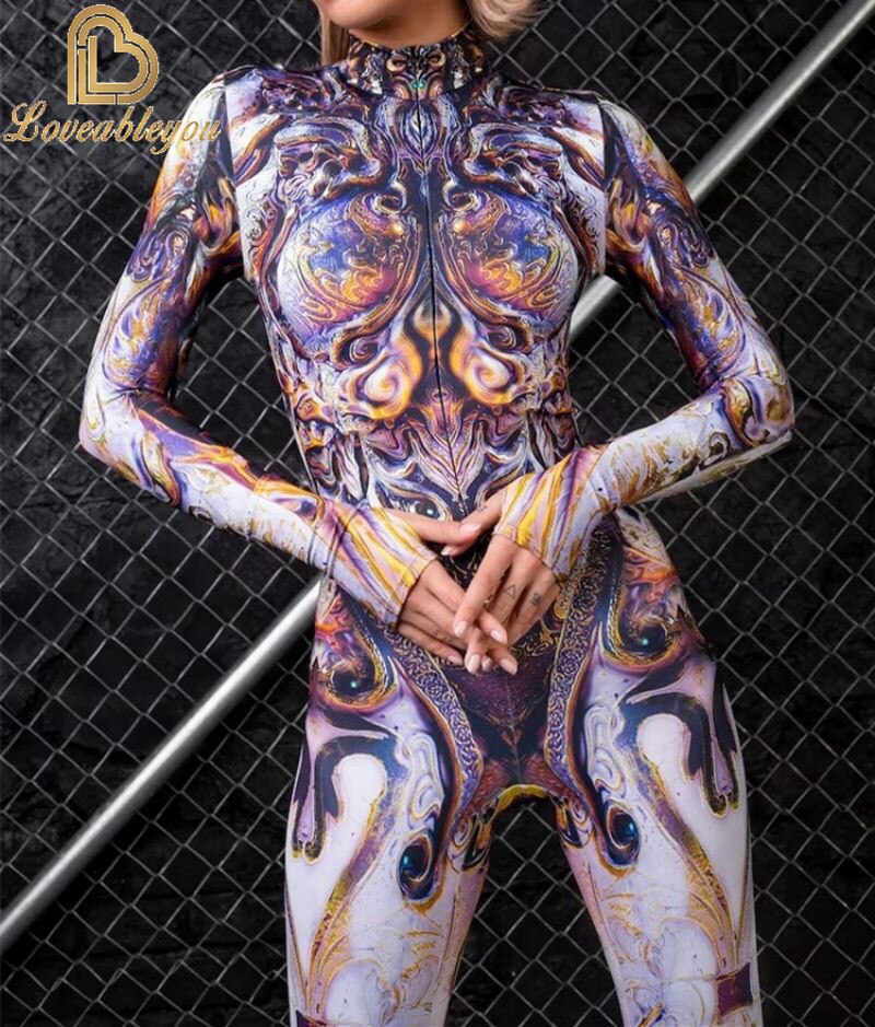 Bodysuit Colorful Machine Thumb Sleeves Cosplay Costume Front Zipper Jumpsuit Carnival Festival Outfit for Woman