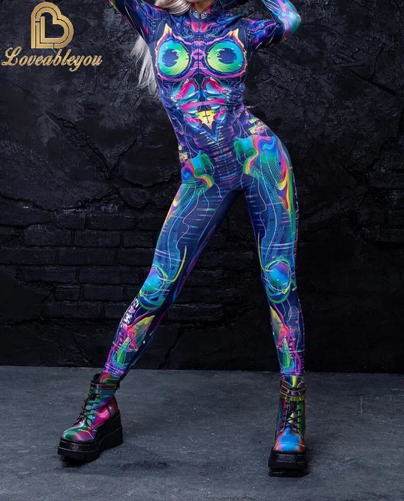 Bodysuit Colorful Machine Thumb Sleeves Cosplay Costume Front Zipper Jumpsuit Carnival Festival Outfit for Woman