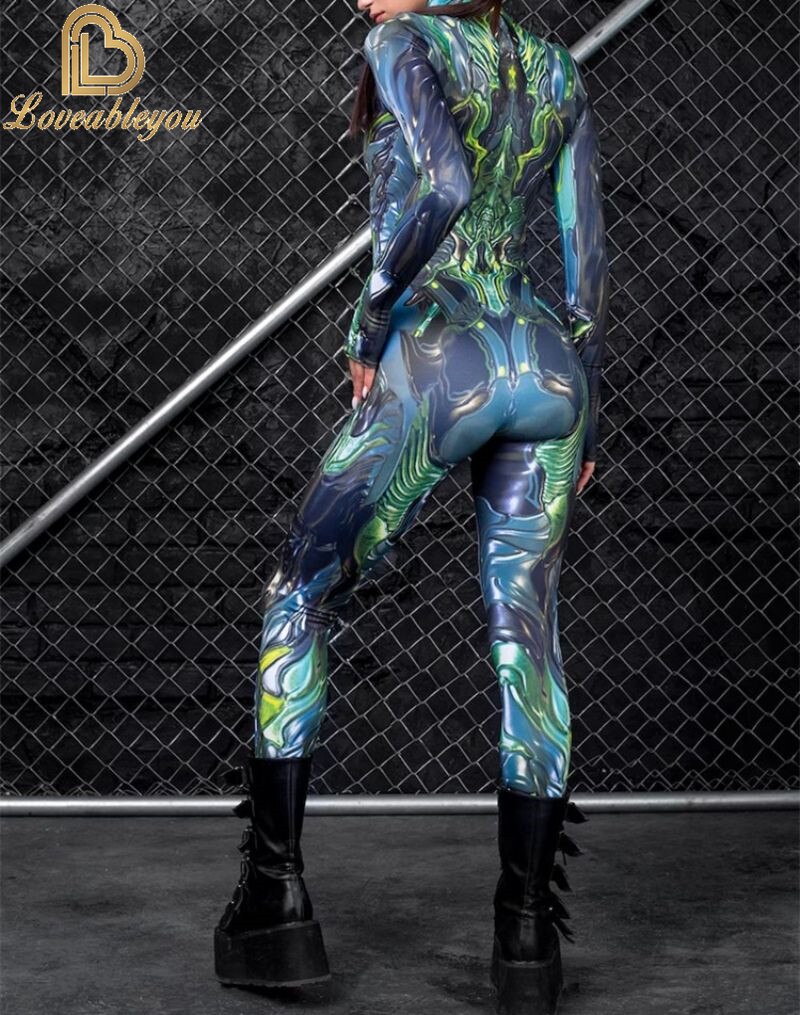 Bodysuit Colorful Machine Thumb Sleeves Cosplay Costume Front Zipper Jumpsuit Carnival Festival Outfit for Woman