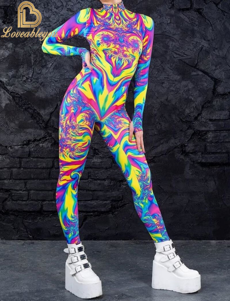 Bodysuit Colorful Machine Thumb Sleeves Cosplay Costume Front Zipper Jumpsuit Carnival Festival Outfit for Woman