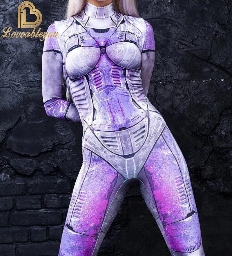 Bodysuit Colorful Machine Thumb Sleeves Cosplay Costume Front Zipper Jumpsuit Carnival Festival Outfit for Woman