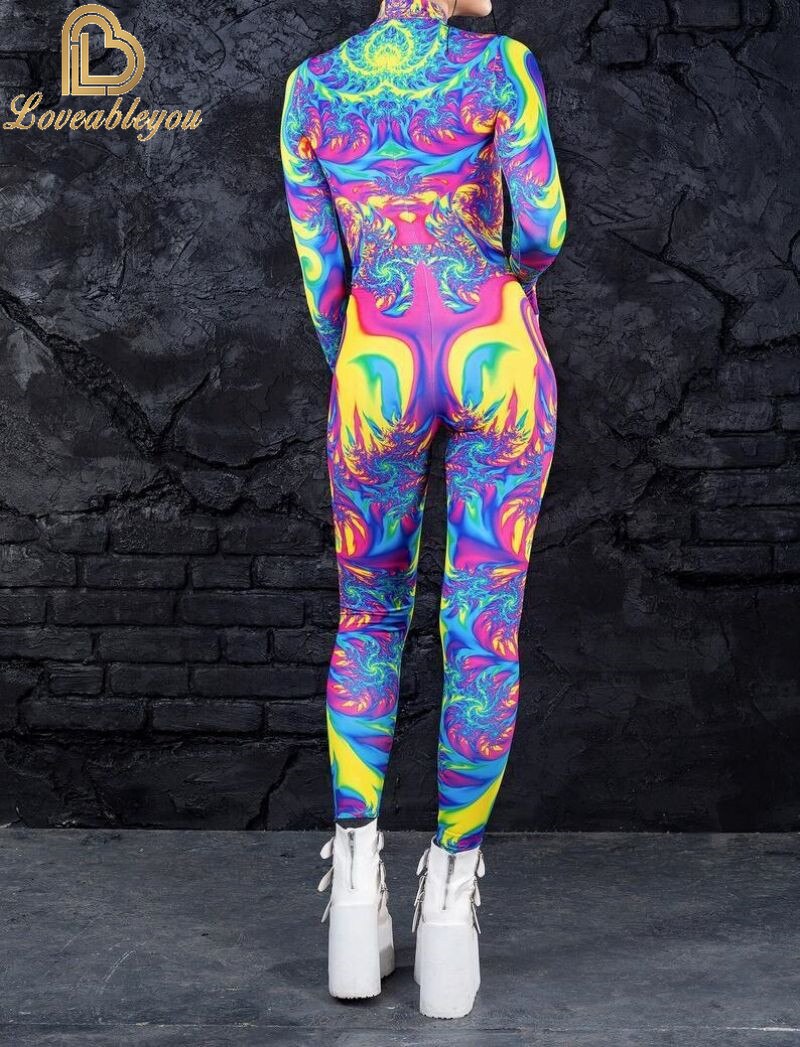 Bodysuit Colorful Machine Thumb Sleeves Cosplay Costume Front Zipper Jumpsuit Carnival Festival Outfit for Woman