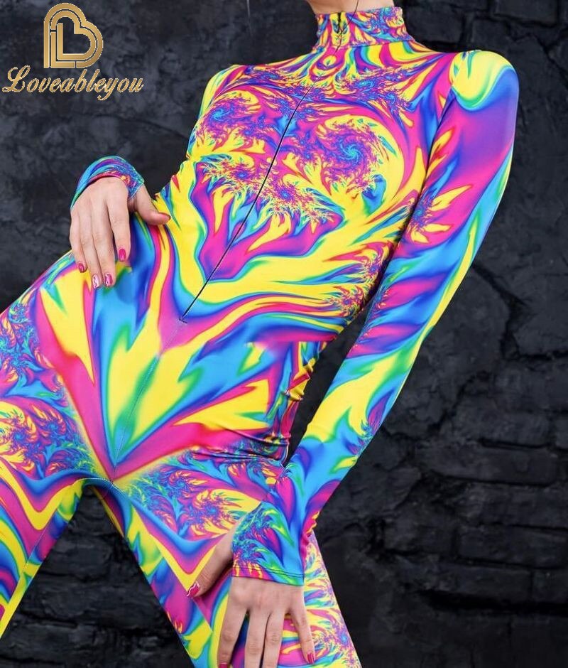 Bodysuit Colorful Machine Thumb Sleeves Cosplay Costume Front Zipper Jumpsuit Carnival Festival Outfit for Woman