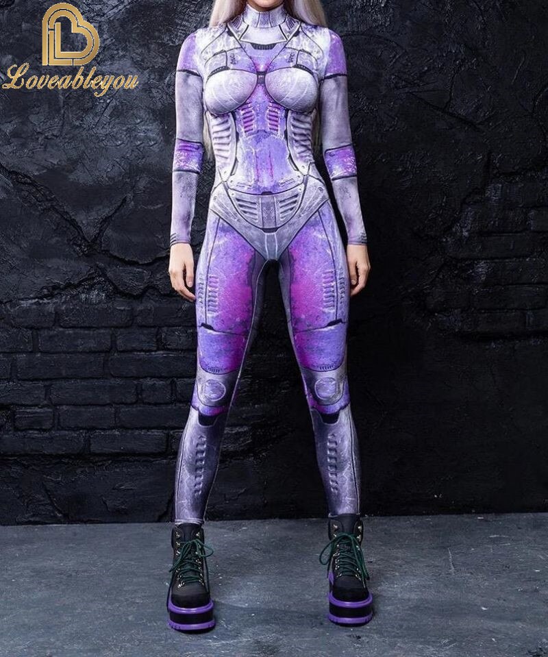 Bodysuit Colorful Machine Thumb Sleeves Cosplay Costume Front Zipper Jumpsuit Carnival Festival Outfit for Woman