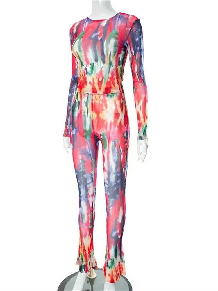 Two Piece Set Women Stunning Fashion Full Sleeve O-neck Tees+High Waist Flare Pants Street Outfit Mesh Flower Print