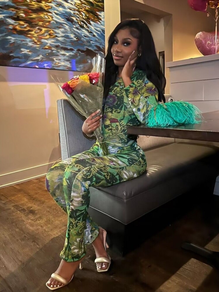 Two Piece Set Women Stunning Fashion Full Sleeve O-neck Tees+High Waist Flare Pants Street Outfit Mesh Flower Print