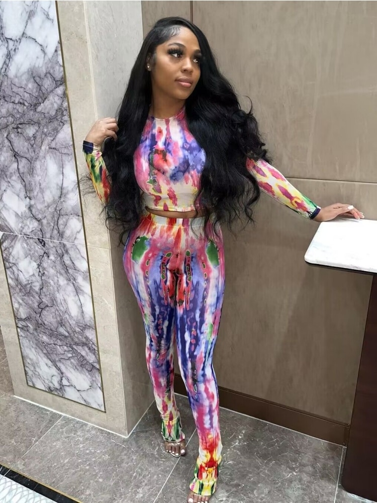 Two Piece Set Women Stunning Fashion Full Sleeve O-neck Tees+High Waist Flare Pants Street Outfit Mesh Flower Print