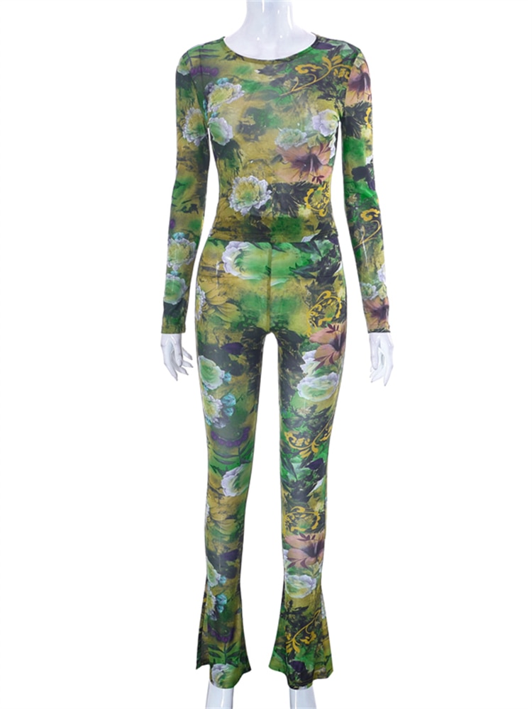 Two Piece Set Women Stunning Fashion Full Sleeve O-neck Tees+High Waist Flare Pants Street Outfit Mesh Flower Print