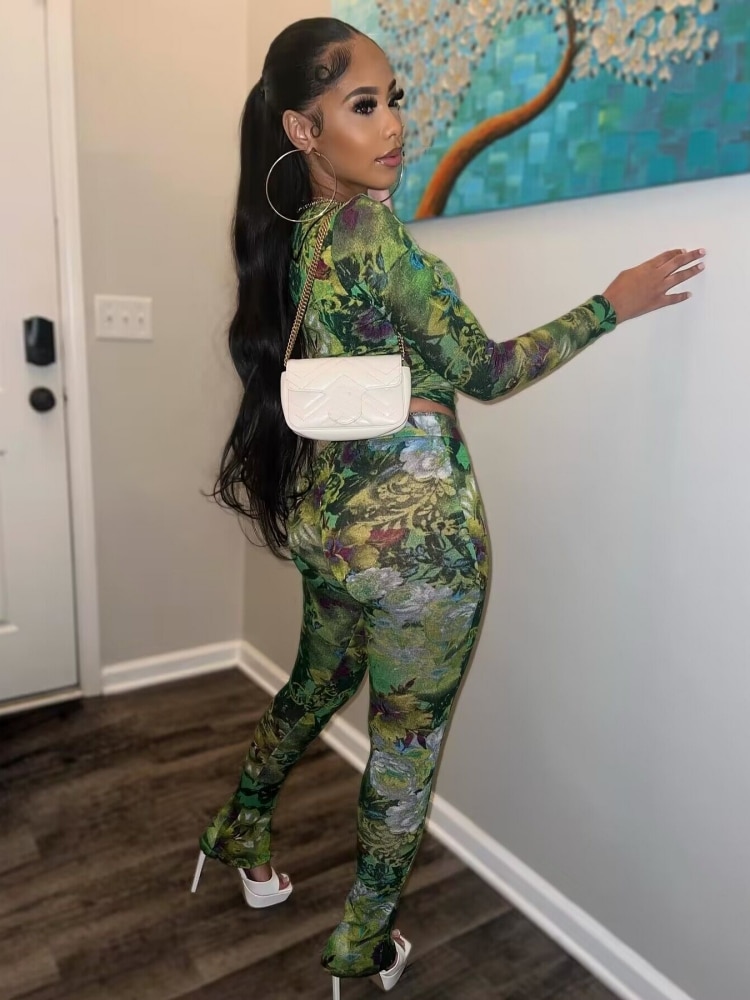 Two Piece Set Women Stunning Fashion Full Sleeve O-neck Tees+High Waist Flare Pants Street Outfit Mesh Flower Print