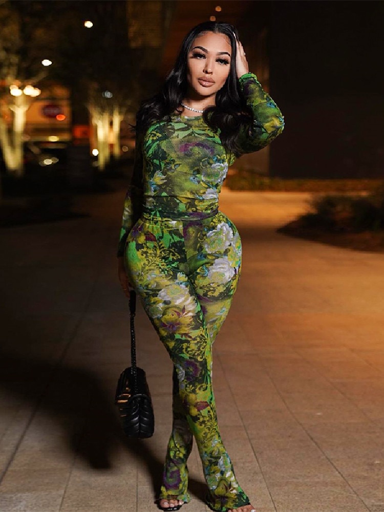 Two Piece Set Women Stunning Fashion Full Sleeve O-neck Tees+High Waist Flare Pants Street Outfit Mesh Flower Print