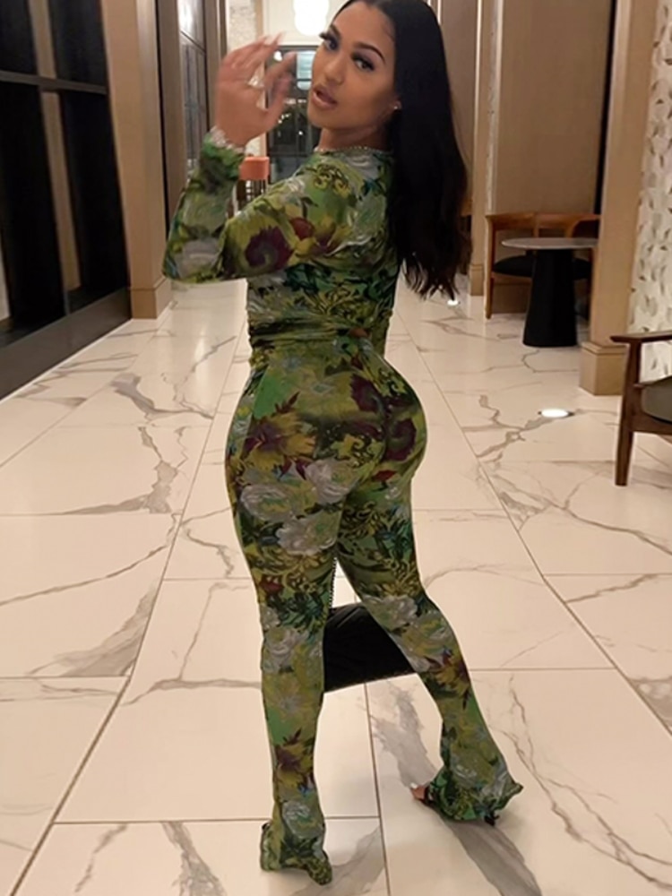 Two Piece Set Women Stunning Fashion Full Sleeve O-neck Tees+High Waist Flare Pants Street Outfit Mesh Flower Print