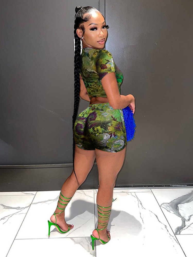 Two Piece Set Women Stunning Fashion Full Sleeve O-neck Tees+High Waist Flare Pants Street Outfit Mesh Flower Print