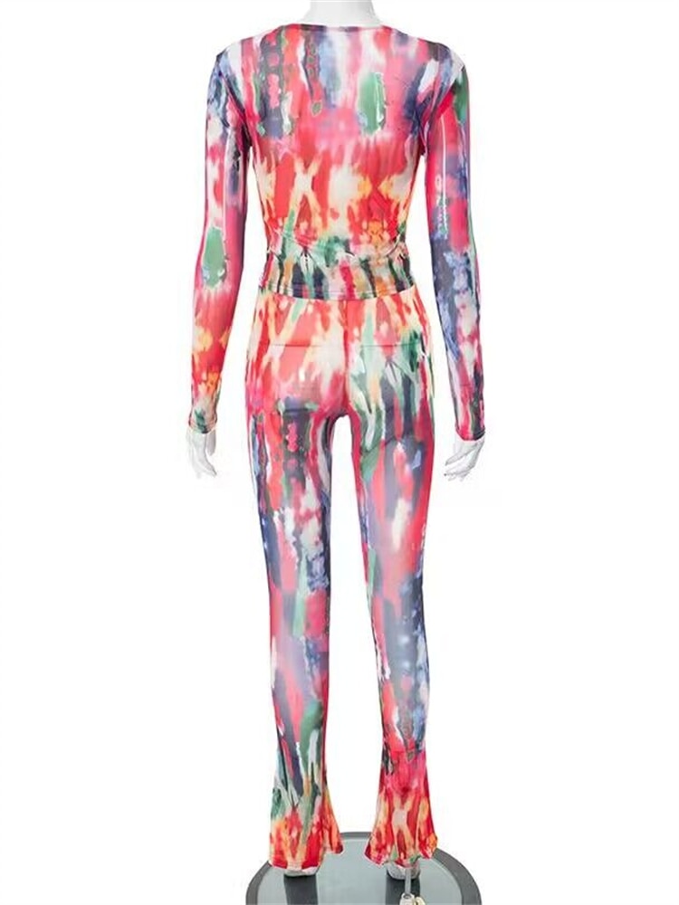 Two Piece Set Women Stunning Fashion Full Sleeve O-neck Tees+High Waist Flare Pants Street Outfit Mesh Flower Print