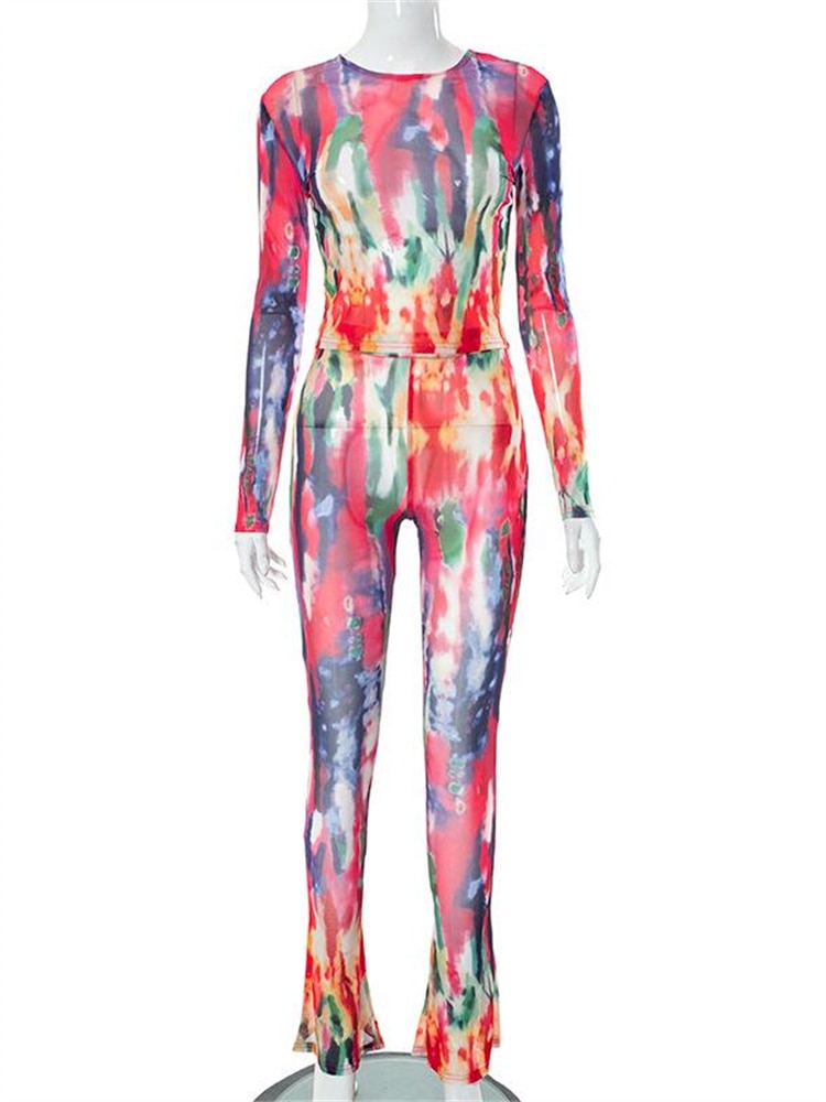 Two Piece Set Women Stunning Fashion Full Sleeve O-neck Tees+High Waist Flare Pants Street Outfit Mesh Flower Print