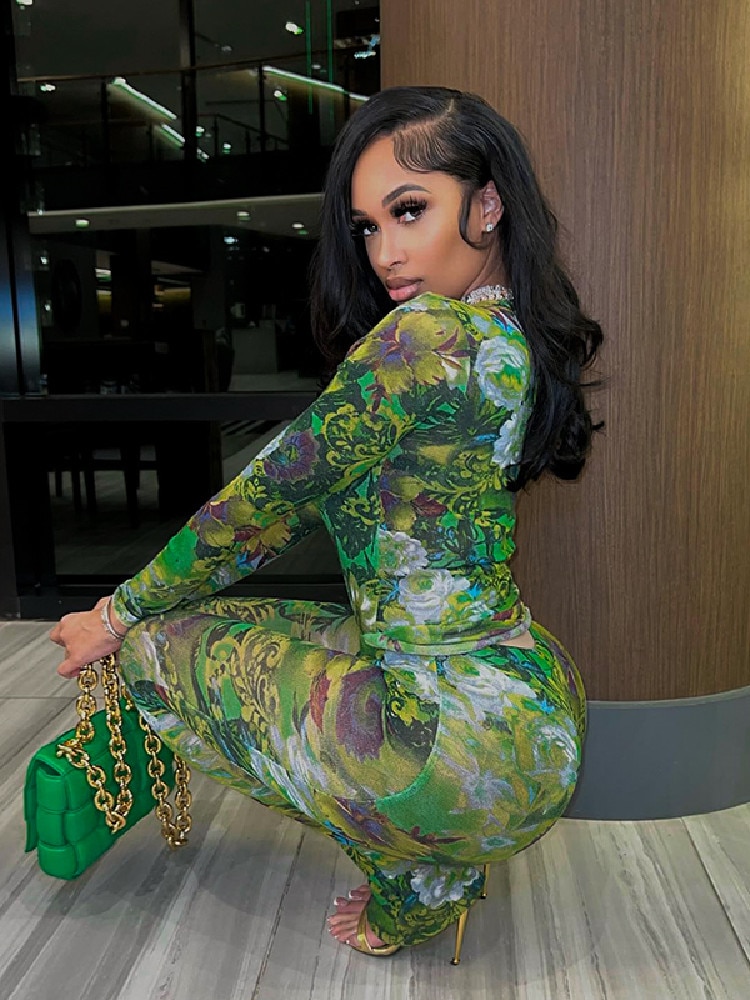 Two Piece Set Women Stunning Fashion Full Sleeve O-neck Tees+High Waist Flare Pants Street Outfit Mesh Flower Print
