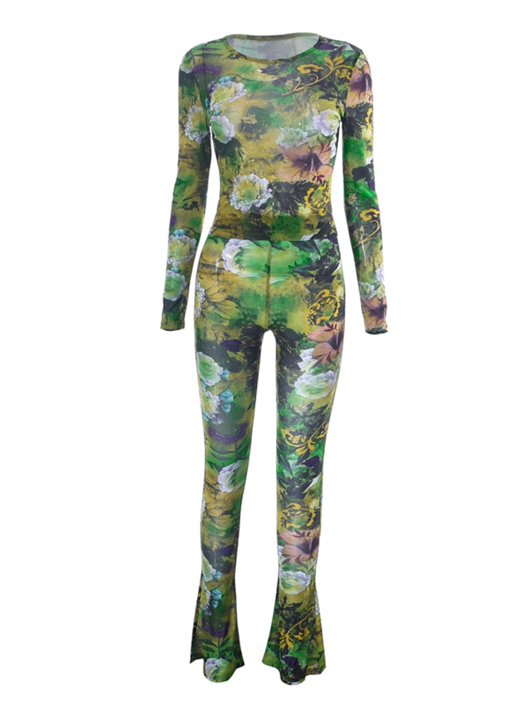 Two Piece Set Women Stunning Fashion Full Sleeve O-neck Tees+High Waist Flare Pants Street Outfit Mesh Flower Print