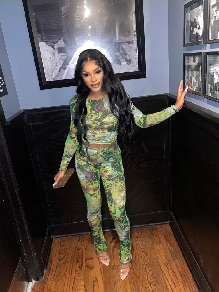 Two Piece Set Women Stunning Fashion Full Sleeve O-neck Tees+High Waist Flare Pants Street Outfit Mesh Flower Print