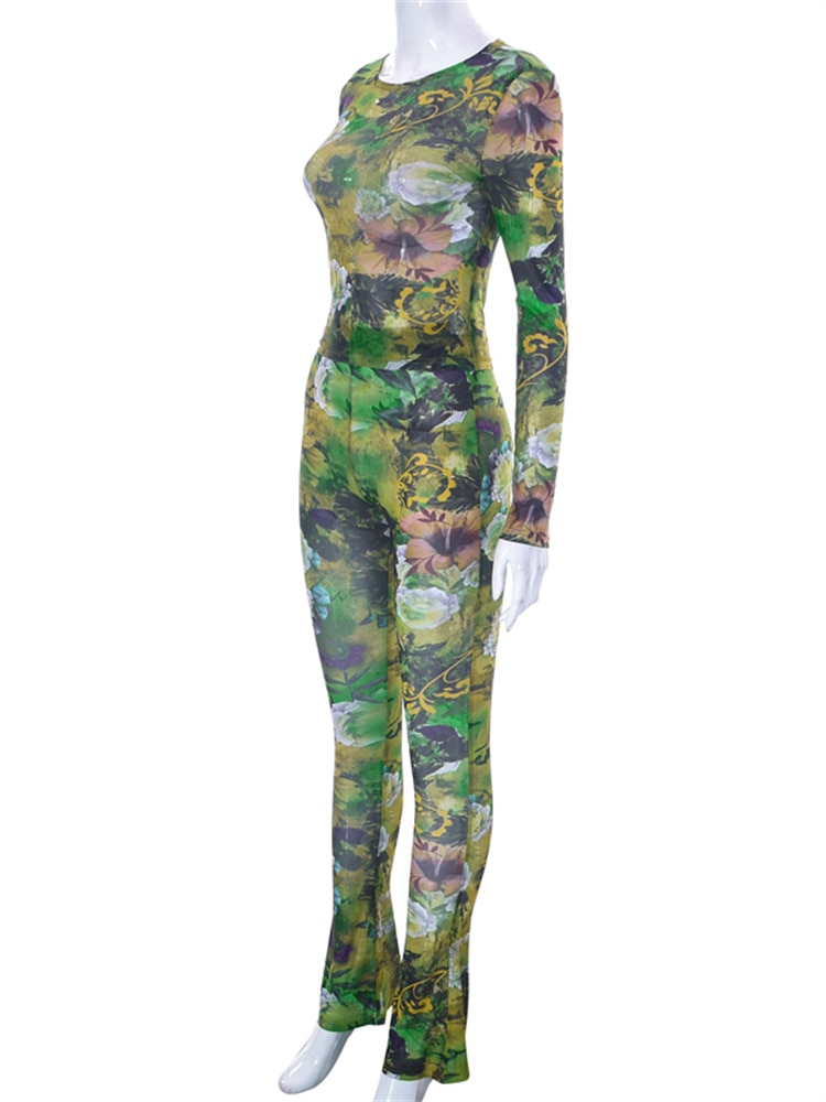 Two Piece Set Women Stunning Fashion Full Sleeve O-neck Tees+High Waist Flare Pants Street Outfit Mesh Flower Print