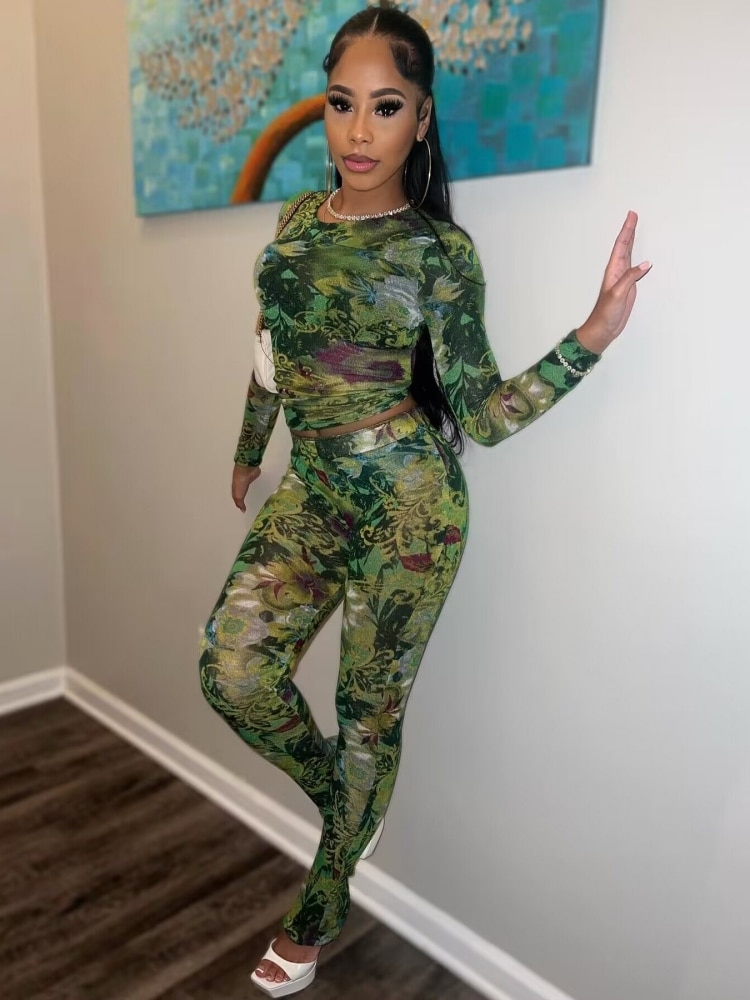 Two Piece Set Women Stunning Fashion Full Sleeve O-neck Tees+High Waist Flare Pants Street Outfit Mesh Flower Print