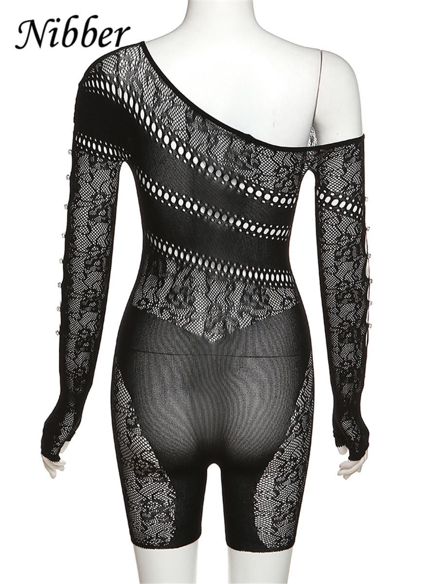 Jumpsuits Lace Hollowing Mesh Dress Midnight Women Sexy Inclined Shoulder Long Sleeve Patchwork Skinny Rompers For Club