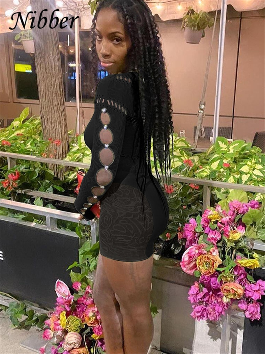 Jumpsuits Lace Hollowing Mesh Dress Midnight Women Sexy Inclined Shoulder Long Sleeve Patchwork Skinny Rompers For Club