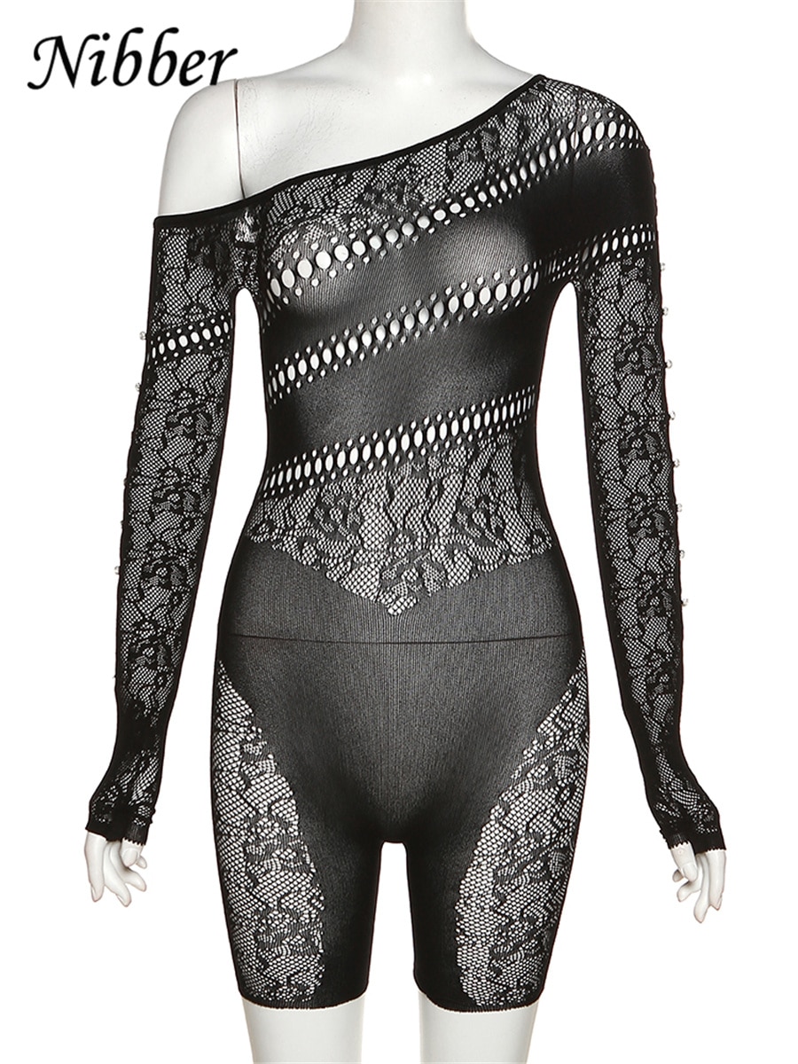 Jumpsuits Lace Hollowing Mesh Dress Midnight Women Sexy Inclined Shoulder Long Sleeve Patchwork Skinny Rompers For Club