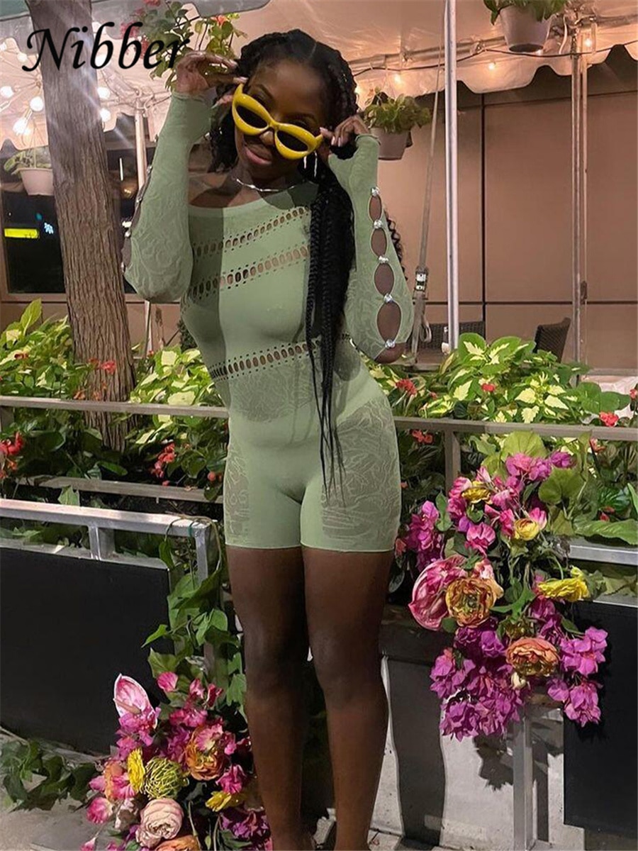 Jumpsuits Lace Hollowing Mesh Dress Midnight Women Sexy Inclined Shoulder Long Sleeve Patchwork Skinny Rompers For Club