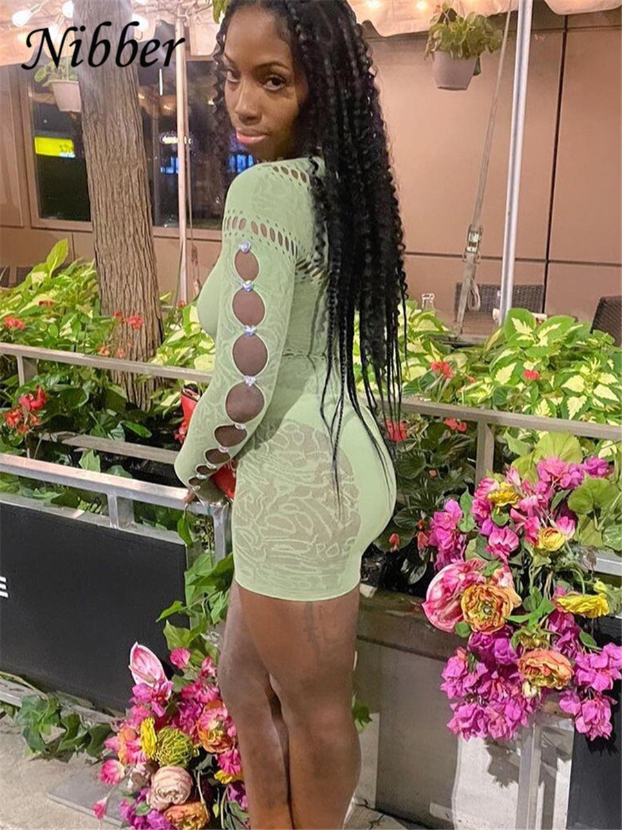 Jumpsuits Lace Hollowing Mesh Dress Midnight Women Sexy Inclined Shoulder Long Sleeve Patchwork Skinny Rompers For Club
