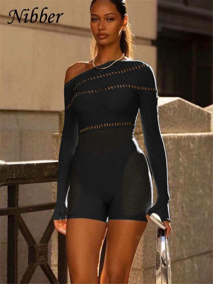 Jumpsuits Lace Hollowing Mesh Dress Midnight Women Sexy Inclined Shoulder Long Sleeve Patchwork Skinny Rompers For Club