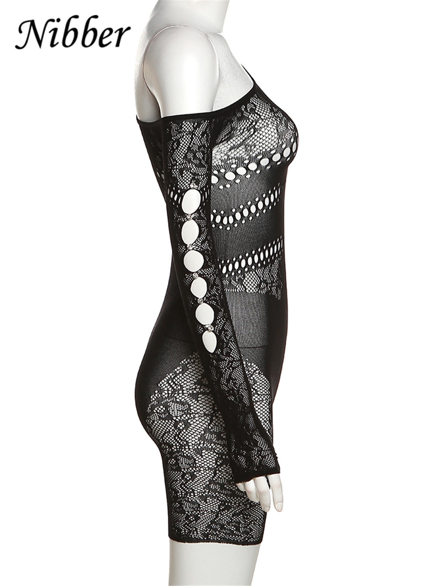 Jumpsuits Lace Hollowing Mesh Dress Midnight Women Sexy Inclined Shoulder Long Sleeve Patchwork Skinny Rompers For Club
