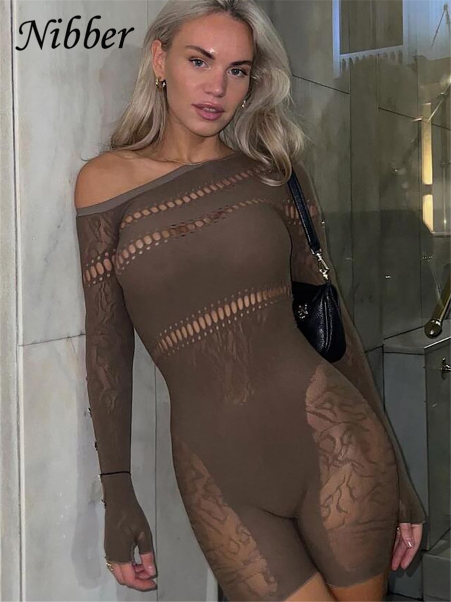 Jumpsuits Lace Hollowing Mesh Dress Midnight Women Sexy Inclined Shoulder Long Sleeve Patchwork Skinny Rompers For Club