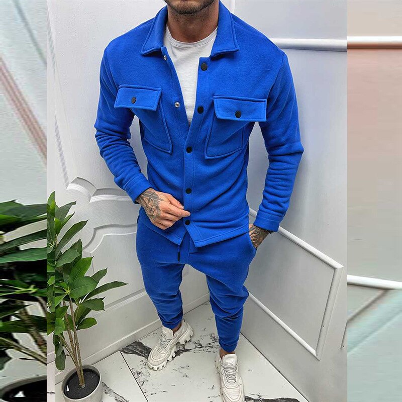 Sets Autumn Trend Turn-down Collar Jackets and Pockets Pants Suits Streetwear Two Piece Men Fashion Slim Fit Outfits
